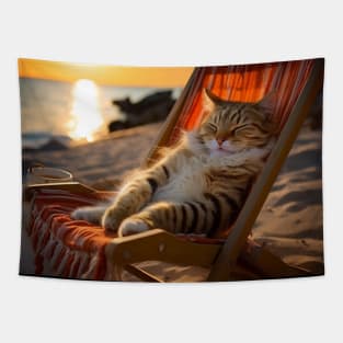 Seashore Slumber - Cat's Sunset Repose Tapestry