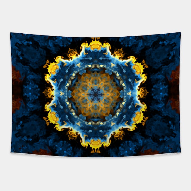 Psychedelic Mandala Flower Blue Yellow and Orange Tapestry by WormholeOrbital