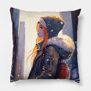 New York Anime girl enjoying the city snow Pillow