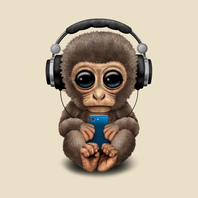 Cute Baby Monkey With Cell Phone Wearing Headphones by jeffbartels