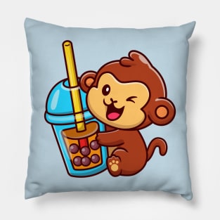 Cute Monkey With Bubble Milk Tea Cartoon Pillow