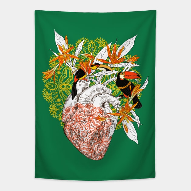 Human anatomical heart with flowers and two toucan birds Tapestry by Olga Berlet