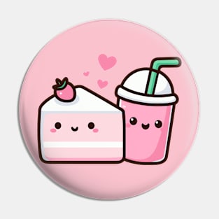 Kawaii Strawberry Lovers Gift | Cute Kawaii Strawberry Cake and Milkshake in Love Pin