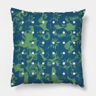 Abstract Blue Floral Polka Dots on Green Pillow