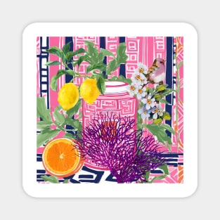 Grandmillennial pink and navy chinoiserie jar, bird and lemons Magnet