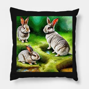 Three Cute Bunnies in a Field Pillow