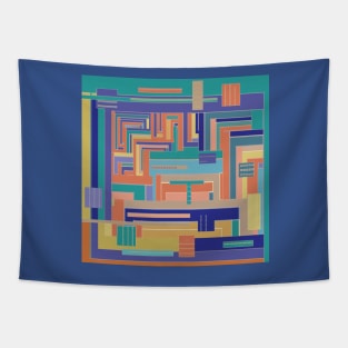 Sofa Soliloquy tech design in navy blue terracotta tan aquamarine Tapestry