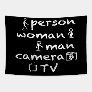 person woman man camera TV with pics Tapestry