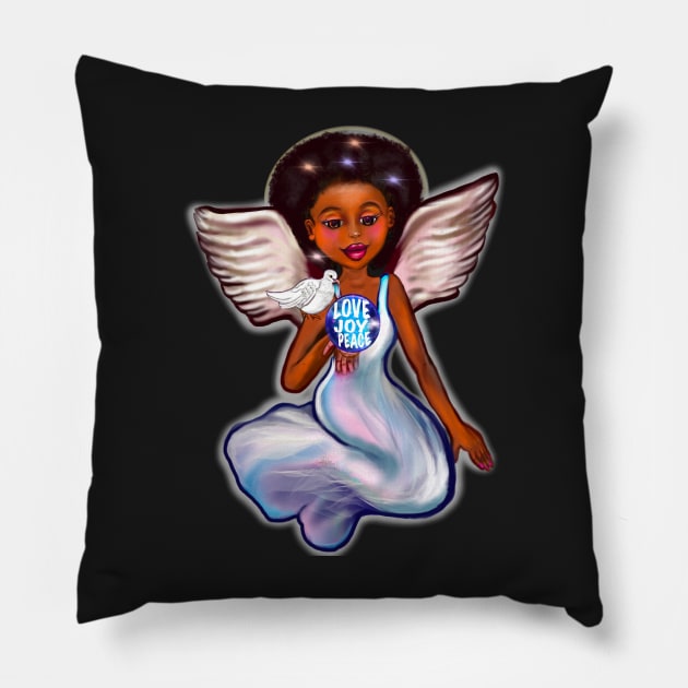 Angel with dove love joy and peace ii - Black angel of peace ! With glow, Afro hair, green eyes, Cherry pink lips and dark brown skin. Hair love ! Pillow by Artonmytee