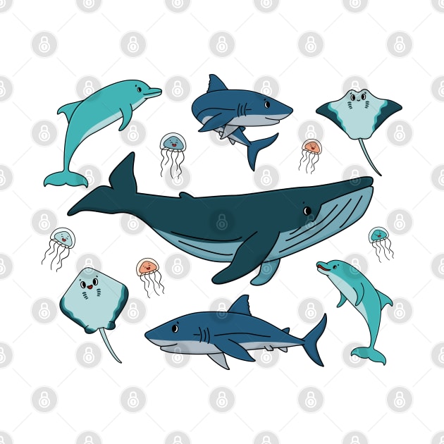 cartoon ocean and sea happy animals. Whale, dolphin, shark, stingray of two types, jellyfish by essskina