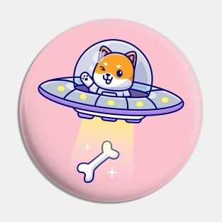 Cute Shiba Inu Catching Bone With Ufo Cartoon Pin