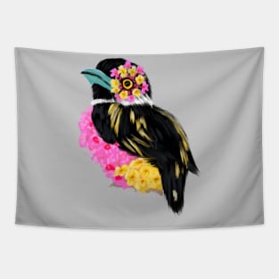 Black and Yellow Broadbill + Bandana Pink Lantana Tapestry