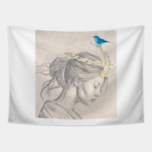 Sketch of a young girl wearing a glimmering gold crown Tapestry