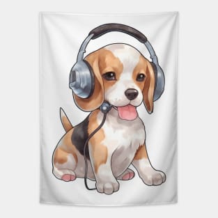 Watercolor Beagle Dog with Headphones Tapestry