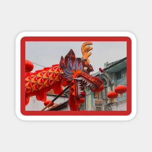 A closeup from the head of a long red dragon in profile Magnet