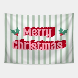 Merry Christmas Typography in Pink and Red with Green Stripes Tapestry