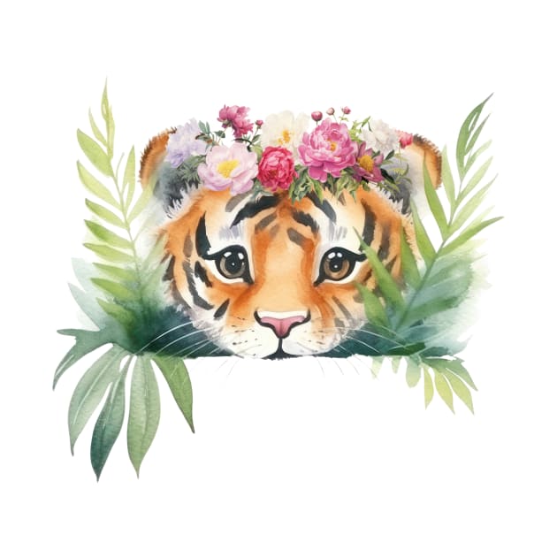 Cute Baby Girl Tiger With Floral Crown by Alienated