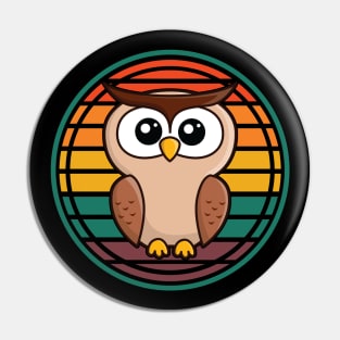 Wise Old Owl w/ Big Eyes Colorful Retro Sunset in Background Pin