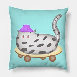 Cute little fat cat on skateboard Pillow