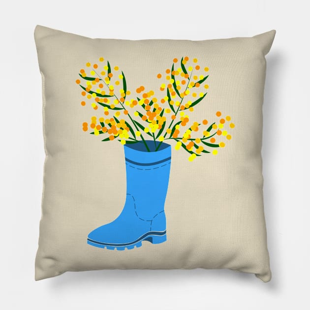 Rubber boots Wellies blue Wellington boots and mimosa flower Pillow by Cute-Design