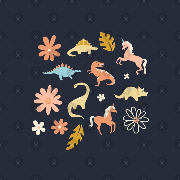 Dinosaurs + Unicorns in Coral + Blue by latheandquill