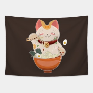 cat eating ramen in bowl Tapestry