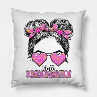 Kids Hello Kindergarten Messy Bun Girls Back To School Pillow