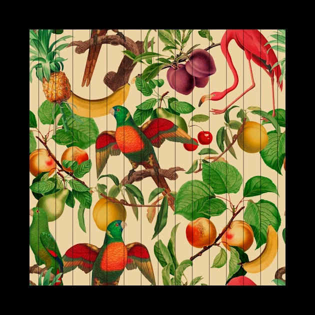 Tropical fruit with colorful parrots and flamingo on wood pattern by NoPlanB