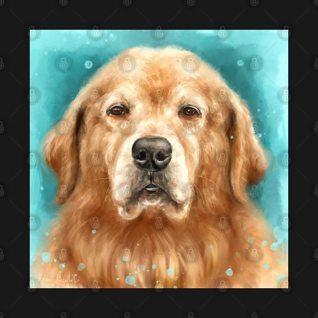 Painting of a Gorgeous Golden Retriever on Light Blue Background by ibadishi