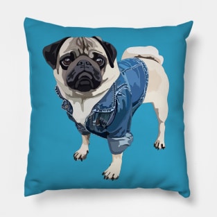 Pug in a blue denim jacket Pillow