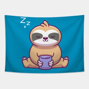 Cute Sloth Sitting And Holding Cup Cartoon Tapestry