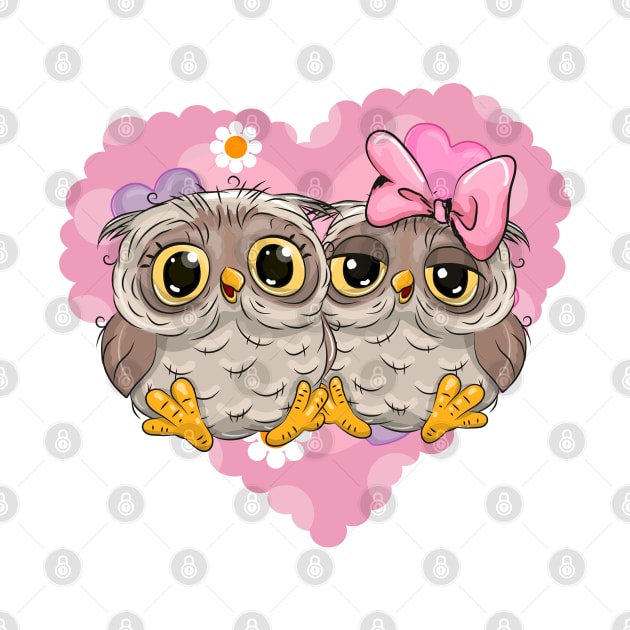 Two cute lovesick owls and a pink heart on the background by Reginast777