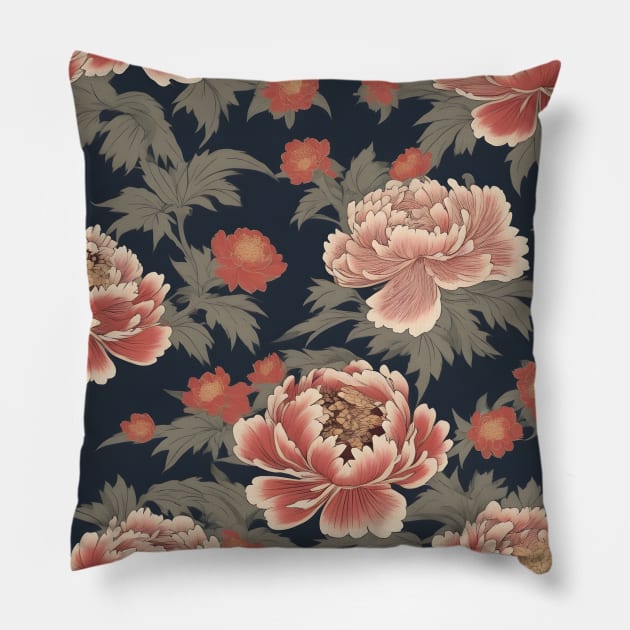 Japanese pink peony flower pattern, kimono design Pillow by craftydesigns