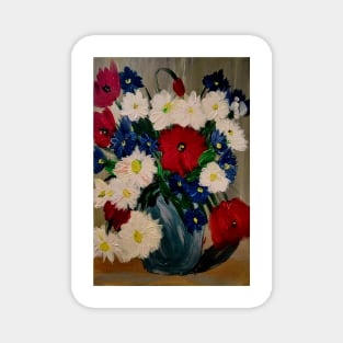 lovely vibrant bouquet of flowers in a silver vase Magnet