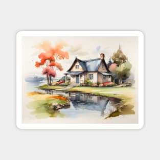 Lakeside Serenity - Idyllic Cottage Art Print Magnet