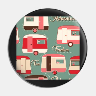 Repeat pattern of cute vintage caravans in retro colours pinks on teal Pin