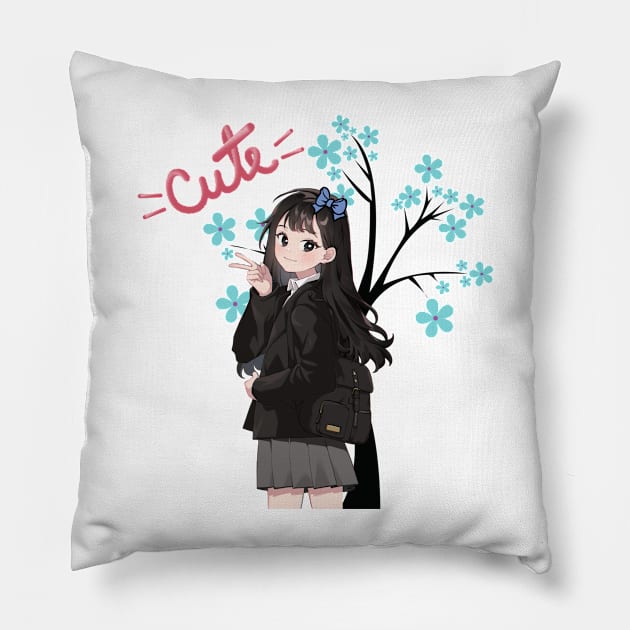 Cute black hair anime girl Pillow by Don’t Care Co