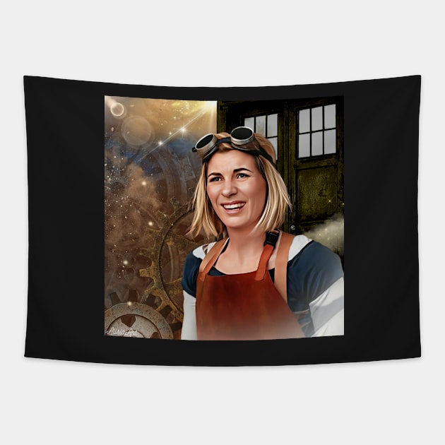 13th doctor/Steampunk time traveler Tapestry by AlisiaArt