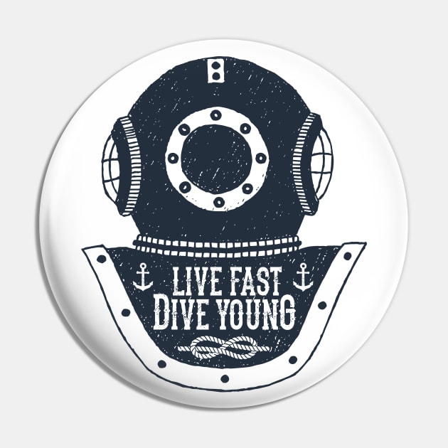 Vintage Helmet Diving. Live Fast, Dive Young. Motivational Quote Pin by SlothAstronaut