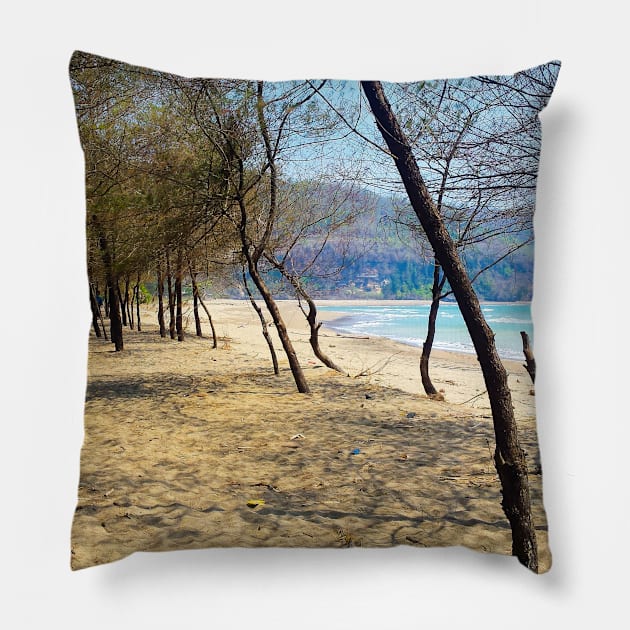 Pine tree forest at Pacitan beach with mountain in backround Pillow by kall3bu