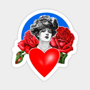 Woman face with red roses and heart. Magnet