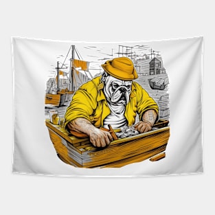 A Carpenter English Bulldog working on a wooden boat, surrounded by water and other boats in a busy Tapestry