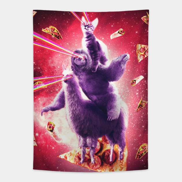 Laser Eyes Space Cat Riding Sloth, Llama - Rainbow Tapestry by Random Galaxy