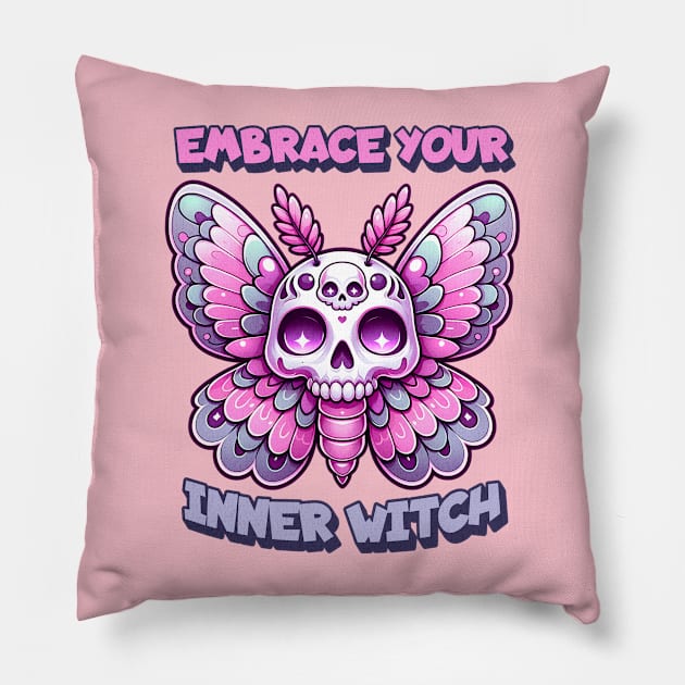 Embrace Your Inner Witch Pastel Skull Moth Pillow by WitchyArty