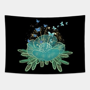 Beautiful Teal Blue Flower and Butterflies Aesthetic Tapestry