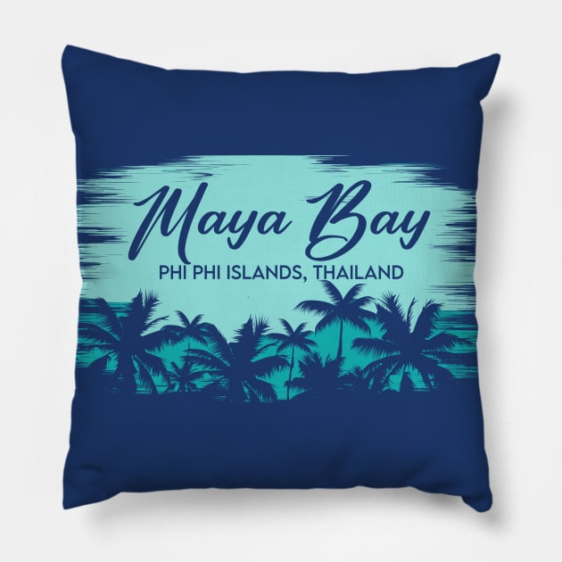 Maya Bay Phi Phi Islands, Thailand Retro Beach Landscape with Palm Trees Pillow by Now Boarding