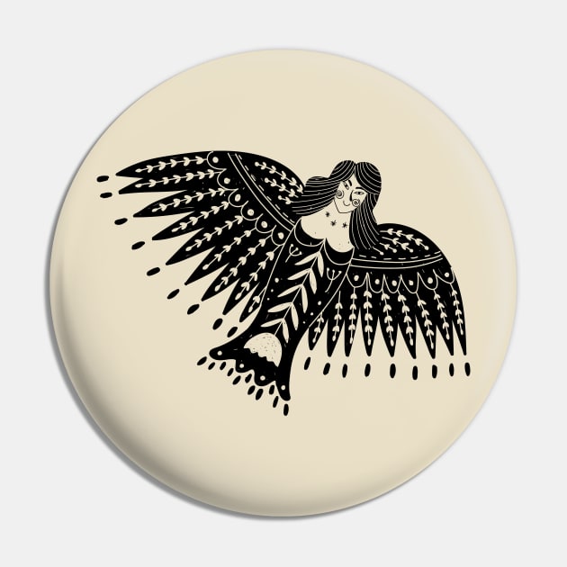 Folk Art Angel with Wings in Black Pin by Pixelchicken