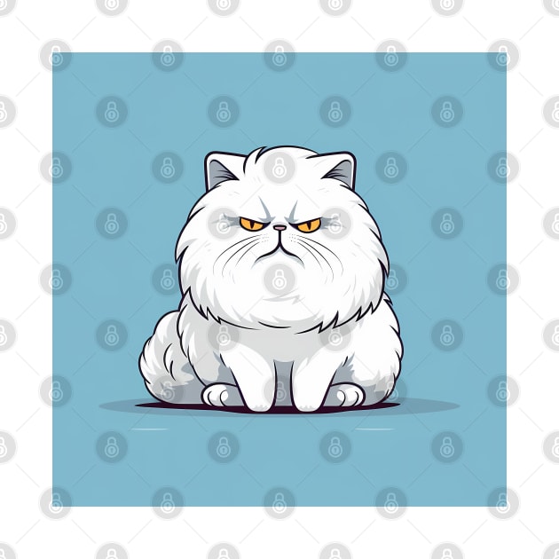 Cute Cartoon Grumpy White Cat on a blue background by designs4days