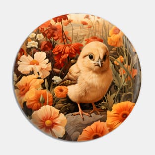 Retro Vintage Art Style Baby Chick in Field of Wild Flowers - Whimsical Farm Pin