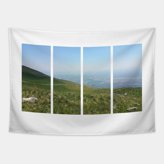 A static shot from the panoramic point Castaldia di Piancavallo; great view with a little mist over Aviano. Beautiful nature in a spring sunny day; no people around Tapestry by fabbroni-art